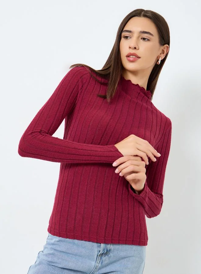 Take Two High Neck Long Sleeve Ribbed Knit Top